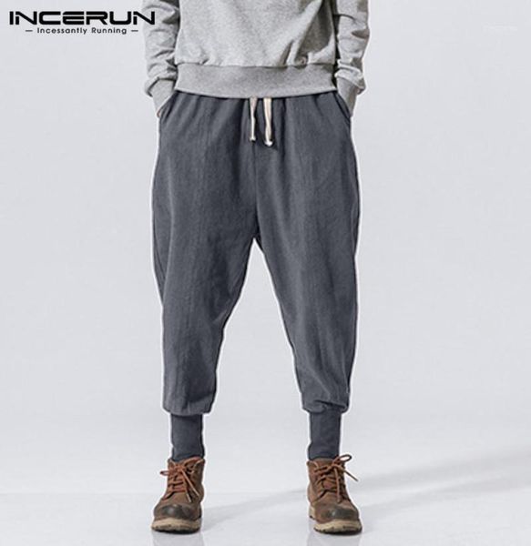 

incerun men harem pants drawstring cotton joggers solid 2020 streetwear dropcrotch trousers men baggy casual sweatpants s5xl16373249, Black