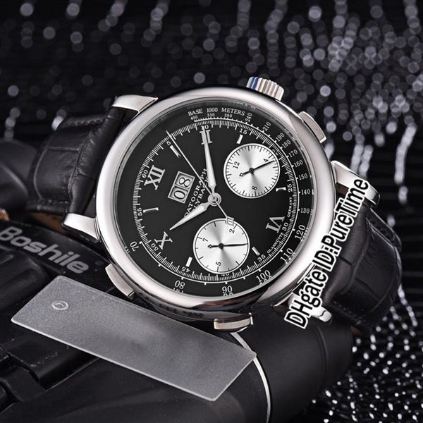 

new gig dage datograph 403 035 automatic mens watch steel case black dial silver subdial daydate big calendar watches leather pure267x, Slivery;brown