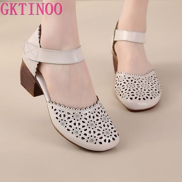 

sandals gktinoo summer women shoes soft bottom genuine leather women sandals retro hollow thick heels sandals for mother 230714, Black