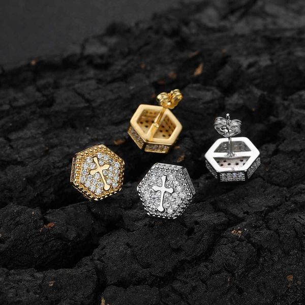 

hip hop rapper men women stud earrings jewelry hexagon cross sexangle crucifix gold silver full diamond zircon earrings night club jewelry a, Golden