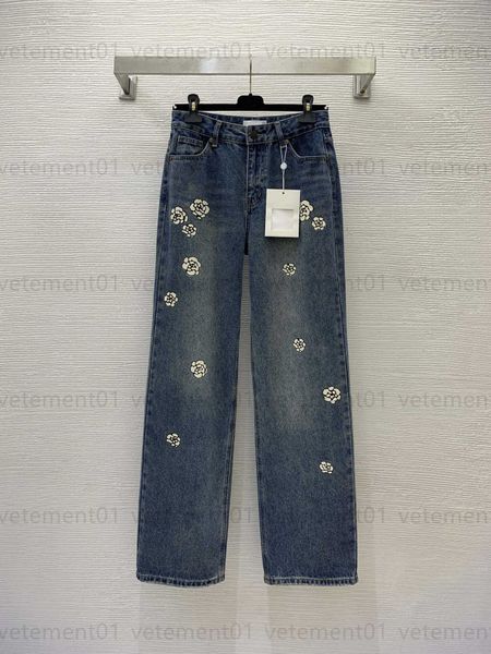 

designer jeans women blue sweatpants washed denim fabric camellia logo print straight leg wide leg jeanses pants womens jeans