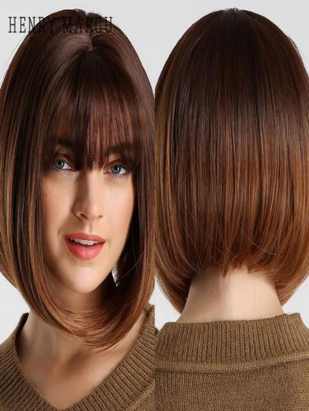 

synthetic wigs henry margu short straight bob with bangs ombre black brown wig lolita party cosplay daily high temperature fibre3359421