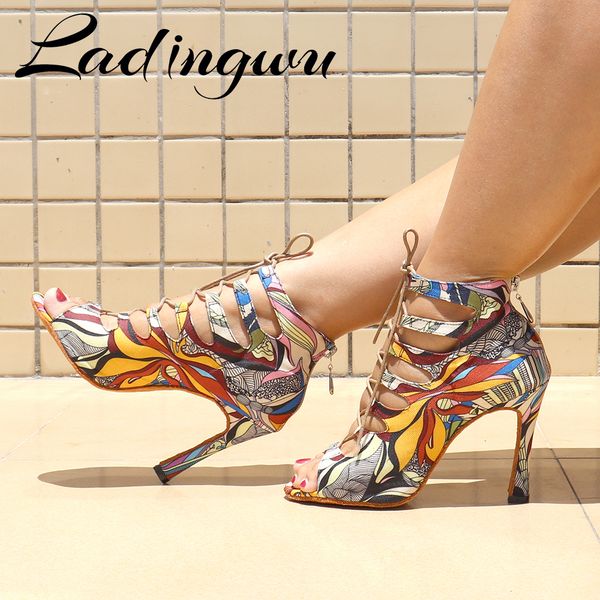 

sandals creative graffiti denim dance boots soft bottom dance shoes zipper women's sandals latin salsa dance shoes blueredyellow 230714, Black