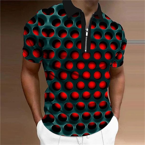 

men's polos summer men's collar polo shirt golf optical illusion 3d print street short sleeves zipper print clothing designer brea, White;black