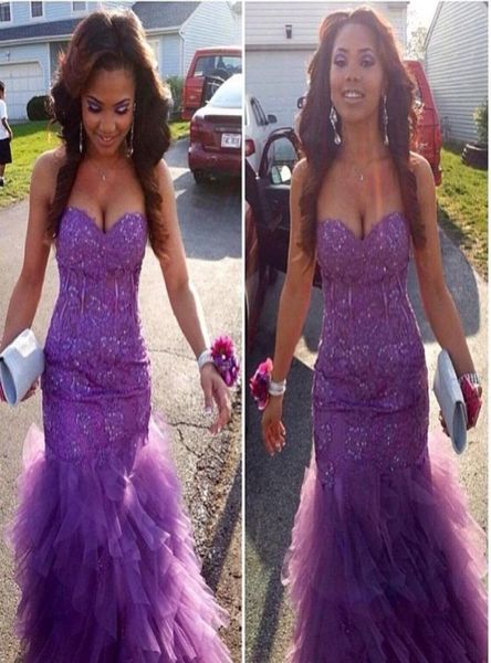 

amazing mermaid purple beaded prom dreesses with ruffles applique lace back corset girl wear pageant formal evening gowns vestidos3658991, Black