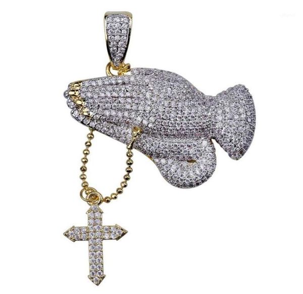 

hip hop necklace iced out praying hand pendant necklace with cross menswomen gold silver color chain charm jewelry for gifts11893569