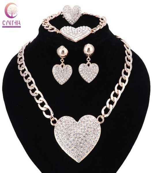 

women romantic heart love crystal statement chokers necklace earring ring set for bridal gold color wedding dress jewelry sets8432383, Slivery;golden
