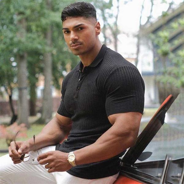 

men's t-shirts running polo shirt men short sleeve knitted t shirt fitness slim fit strips polos male brand gym tees summer fashion clo, White;black