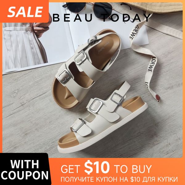

sandals beautoday sandals women synthetic leather front and real strap solid color flats leisure summer ladies shoes handmade 34548 230714, Black