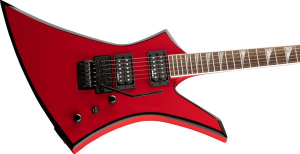 

jack son x kelly kex red electric guitar black body binding 24 jumbo frets & sharkfin inlays floyd rose tremolo bridge black hardware