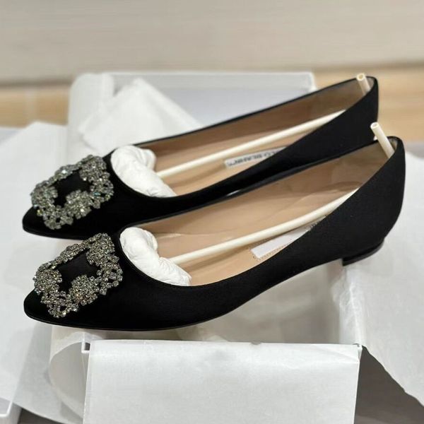 

designer pointed square buckle flat sole single shoe for new women's snowflake buckle rhinestone shallow cut satin wedding shoes 35-42, Black
