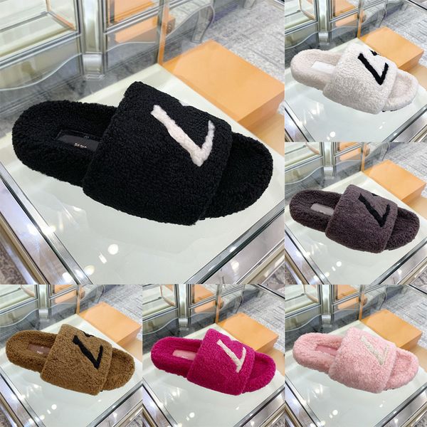 

luxury designer womens fluffy slipper winter keep warm indoor office fur casual shoes famous ladies furry fuzzy slippers flats sandals slide, Black