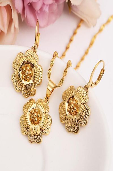 

14k yellow fine gold filled big flower blossom set women girls jewelry pendant chain earrings bride wedding flower bijoux gift2217876, Silver