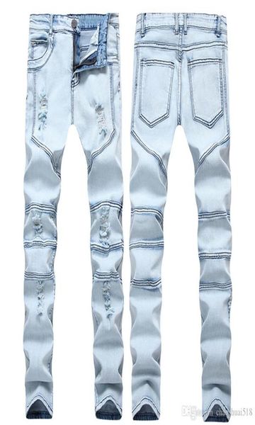 

high street fashion men pale blue personality stitching holes straight leg jeans pants cultivate one039s morality men039s bi7964394