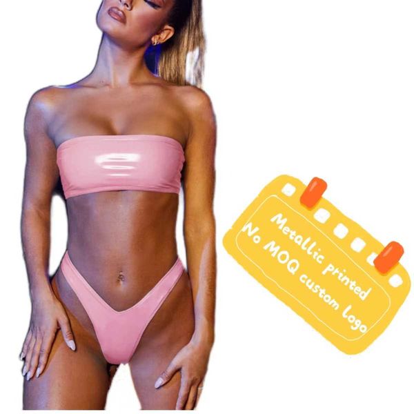 

women's swimwear metallic silver bikini pink solid blank two piece micro bandeau swimwear bikinis 2022 summer, White;black