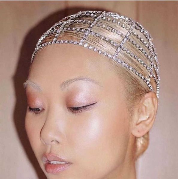 

multilayer crystal bridal hairband headgear head chain jewelry for women bling rhinestone elastic headband hair accessories x07262412366, Slivery;golden