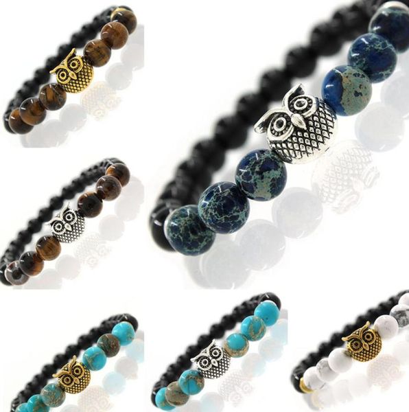 

animal owl head bracelet with natural rock stone energy men beaded bracelets for women drop ship 3200728823496, Black