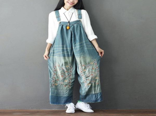 

2021 spring autumn denim casual jumpsuits women embroidered wide leg pants female loose overalls jeans big size women039s8078018, Blue