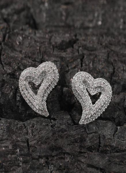 

1 pair hip hop claw set cz stone bling ice out 3 layers heart stud earrings for men women lovers rapper jewelry2798254, Golden;silver