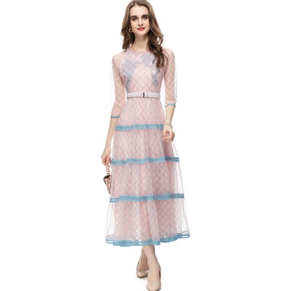 

women's runway dresses o neck 3/4 sleeves printed tiered piping elegant fashion designer party prom gown, Black