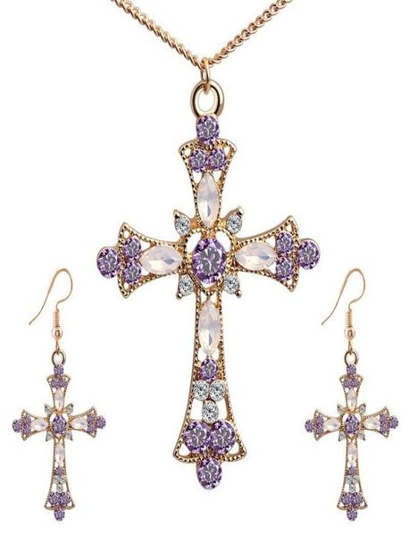 

pendant necklaces necklace earrings set gothic cross hip hop pink zircon jewelry ladies giftspendant9977141, Silver