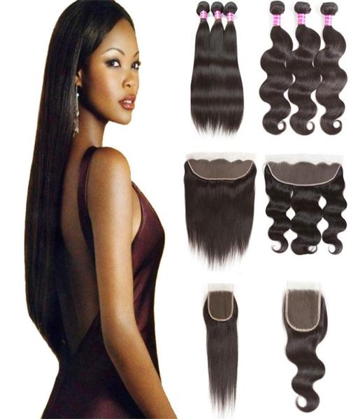 

raw indian virgin human hair bundles with closure 10a straight extensions unprocessed body wave hair weaves with frontal bulk orde7944382, Black;brown