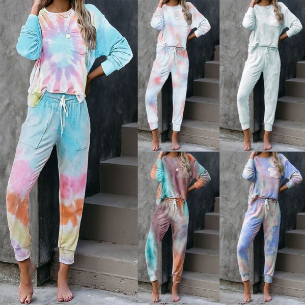 

2023 autumn/winter new tie dyed women's sleep long sleeved pants pajamas set home wear lounge loungewear