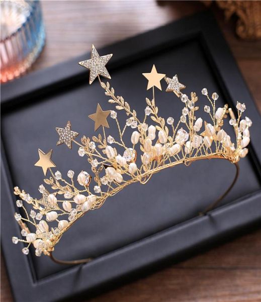 

trendy stars crowns with earrings tiara and crown wedding hair accessories trombone bridal hair jewelry noiva women diadem cj191224119356, White;golden