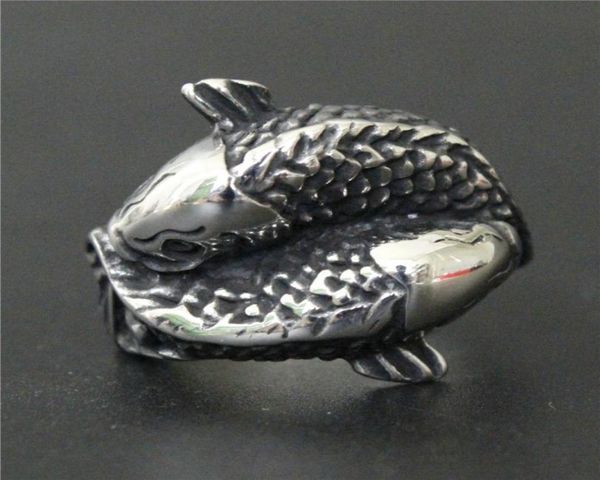 

2pcslot silver double fish ring 316l stainless steel biker style men boys fish ring5639257