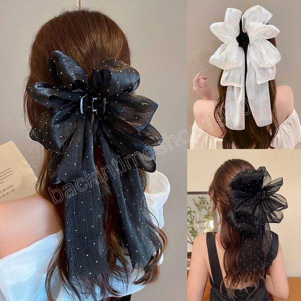 

large size bow hair claw hairpin for women korean sweet ponytail clip girls ribbon non-slip hair accessories, Slivery;white