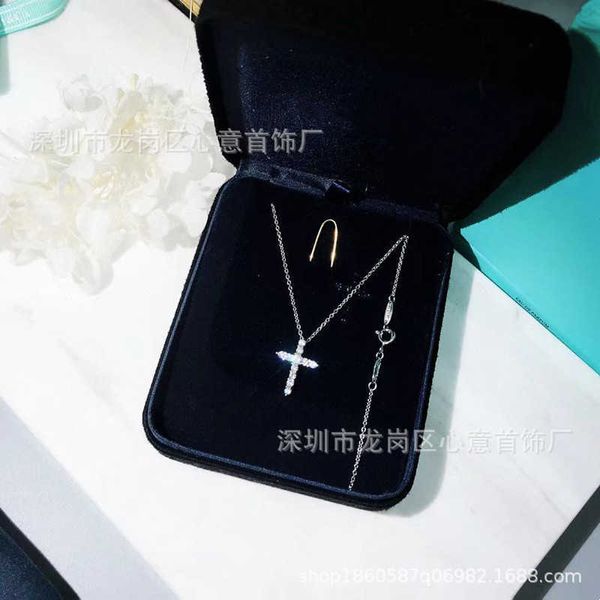 

designer new tiffay sterling silver cross necklace female 18k rose gold full diamond pendant collar chain net red couple versatile