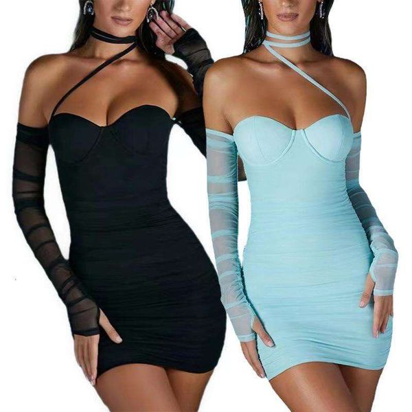 

womens mesh off neck pleated see through tube short skirt dress, Black;gray