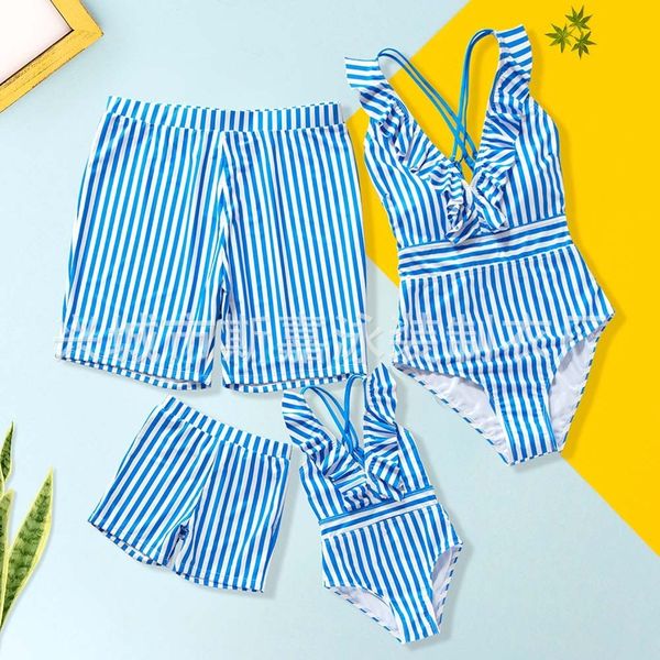 

family matching outfits summer family matching swimsuit print striped mother daughter clothing set mom daddy baby girl boy family look cloth, Blue