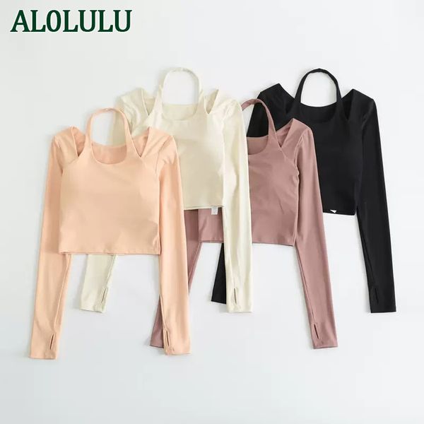 

al0lulu yoga clothing with chest pad women's autumn and winter hanging neck sports long-sleeved professional pilates training fitness t