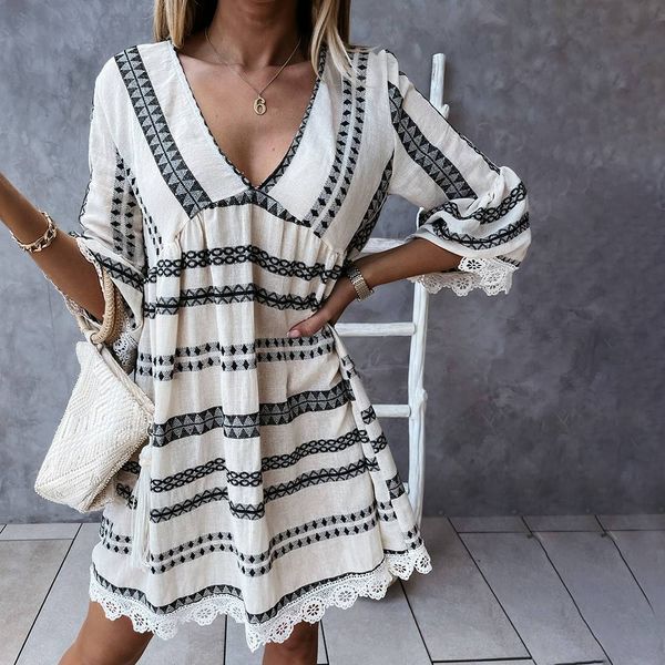

urban dresses elegant boho print dres v neck flare sleeve casual loose a line 2023 summer ladies vacation shirt vestidos 230714, White;black