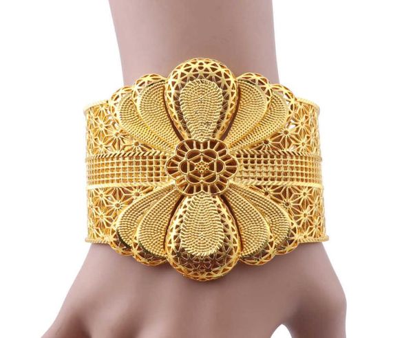 

luxury indian big wide bangle 24k gold color flower bangles for women african dubai arab wedding jewelry gifts4613332, Black