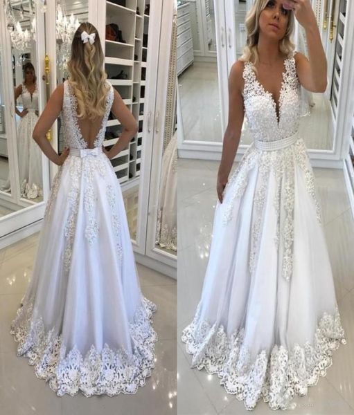 

beautiful white prom dresses for recepition with bow backless 2018 lace appliques v neck evening party gowns pearls formal go4574663, Black
