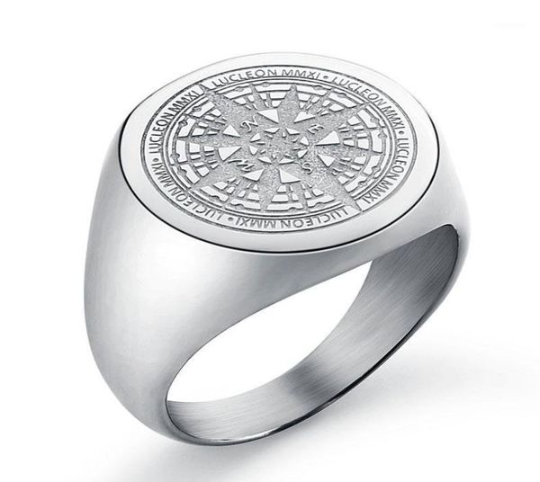 

cluster rings men039s signet ring round engrave compass for men women stainless simple silver tone jewelry drop7956735, Golden;silver