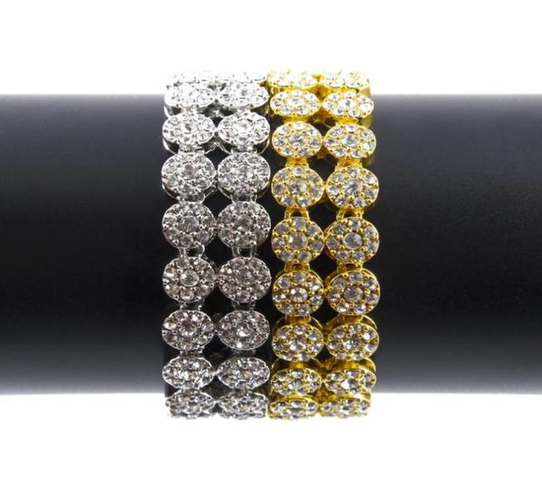 

men hip hop 2 row bracelet 18k gold silver iced out finish bling bling 8inch bracelets5704839, Golden;silver