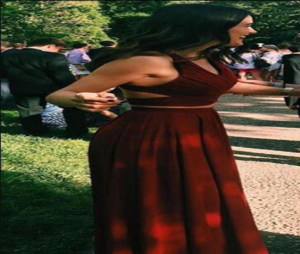 

gorgeous dark red 2 pieces prom dresses v neck cut out waist long evening gowns chiffon two piece chiffon formal dress for te5343030, Black