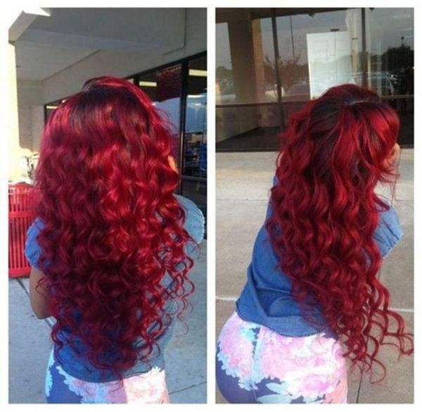 

fashion long loose curly wine red wig synthetic ombre black to burgundy red heat resistant lace front wig for black women7094212