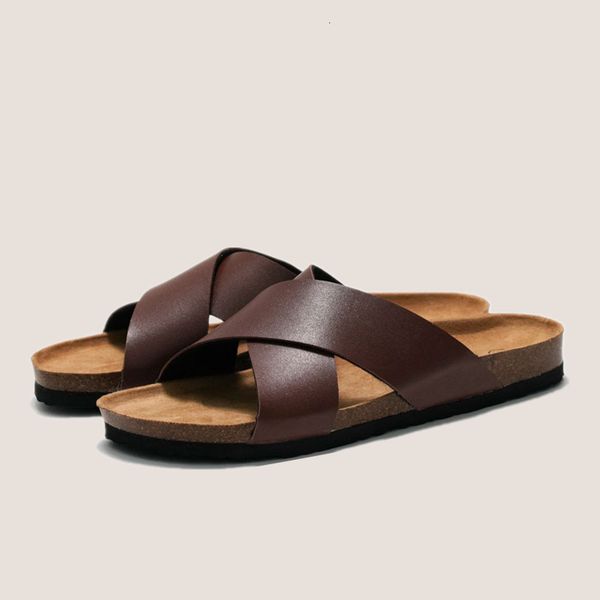 

slippers cosmagic summer men beach cross cork slippers solid color nonslip outside pu leather slide shoe 230714, Black
