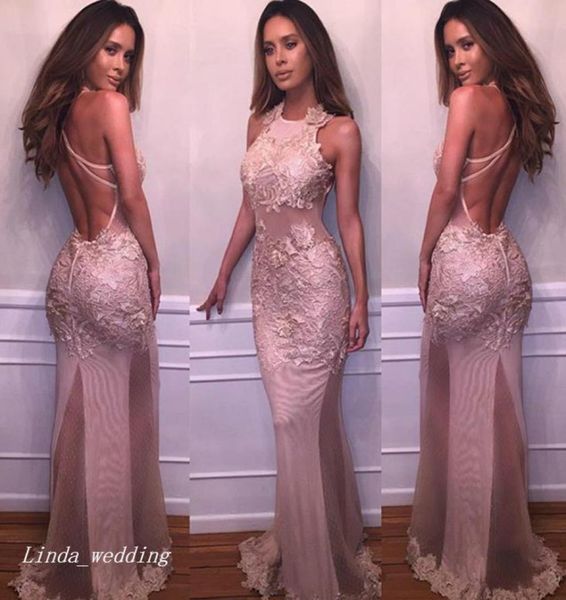 

new arrival tight light skin pink prom dress halter applique long open back formal evening party gown women plus size9986735, Black