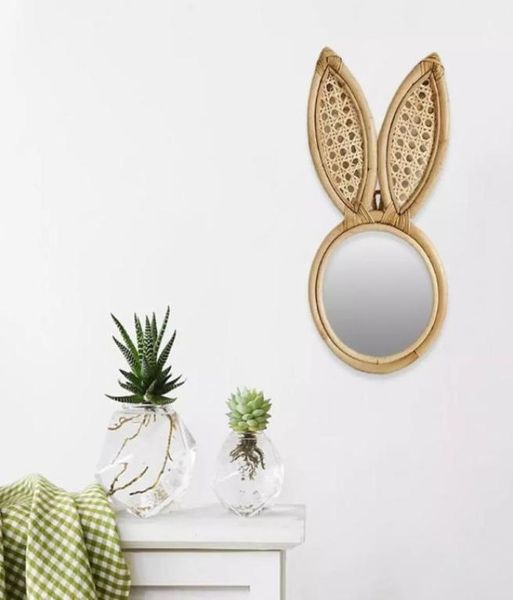 

wallmounted rattan handmade decorative rabbit ear monkey dressing makeup mirror hanging round decoration compact wall8338212