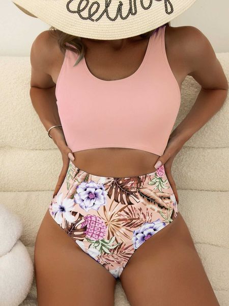 

women's random floral print cut-out one piece swimsuit, White;black