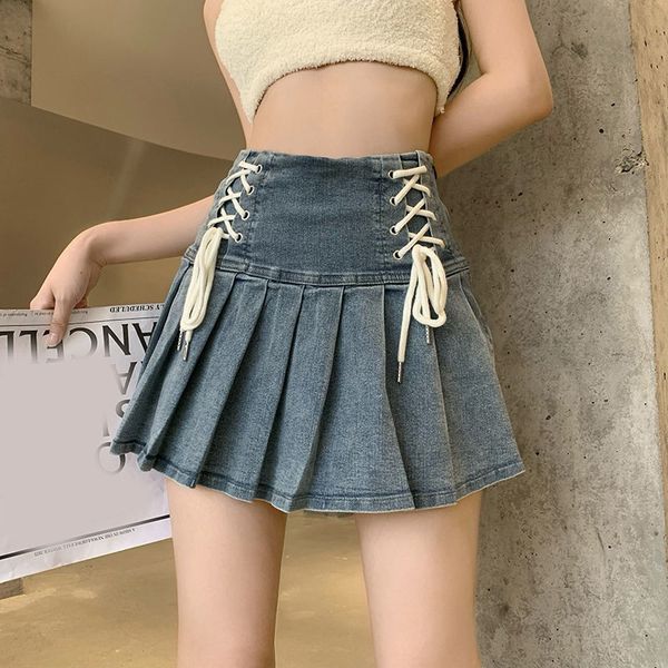 

skirts deeptown denim pleated skirt korean fashion women bandage high waist a line cute cargo jean mini summer y2k girl 230714, Black