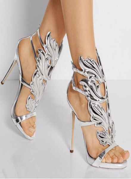 

new kardashian luxury women suede cruel summer pumps polished golden metal leaf winged gladiator sandals high heels shoes with ori7026586, Black