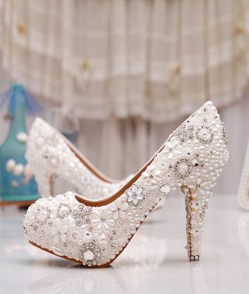 

luxuy handmade pearl crystal diamond wedding shoes white bridal dress shoes women platform high heels 3 inches glitter pumps 8268372, Black