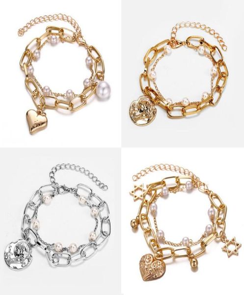 

creative pearl love hearts doublelayer charm pendant bracelet carving gold silver bead chain friendship bracelet anklet jewelry g2730595, Golden;silver