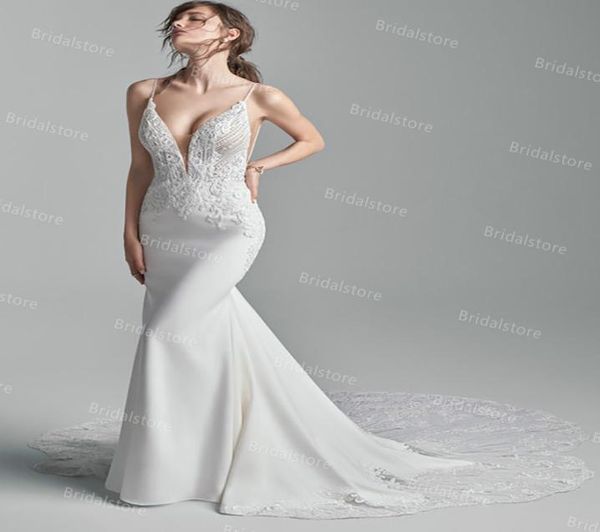 

chic lace tail mermaid wedding dresses spaghetti strap boho beach bride gowns charming country style bridal wear skirt robe d6753889, White
